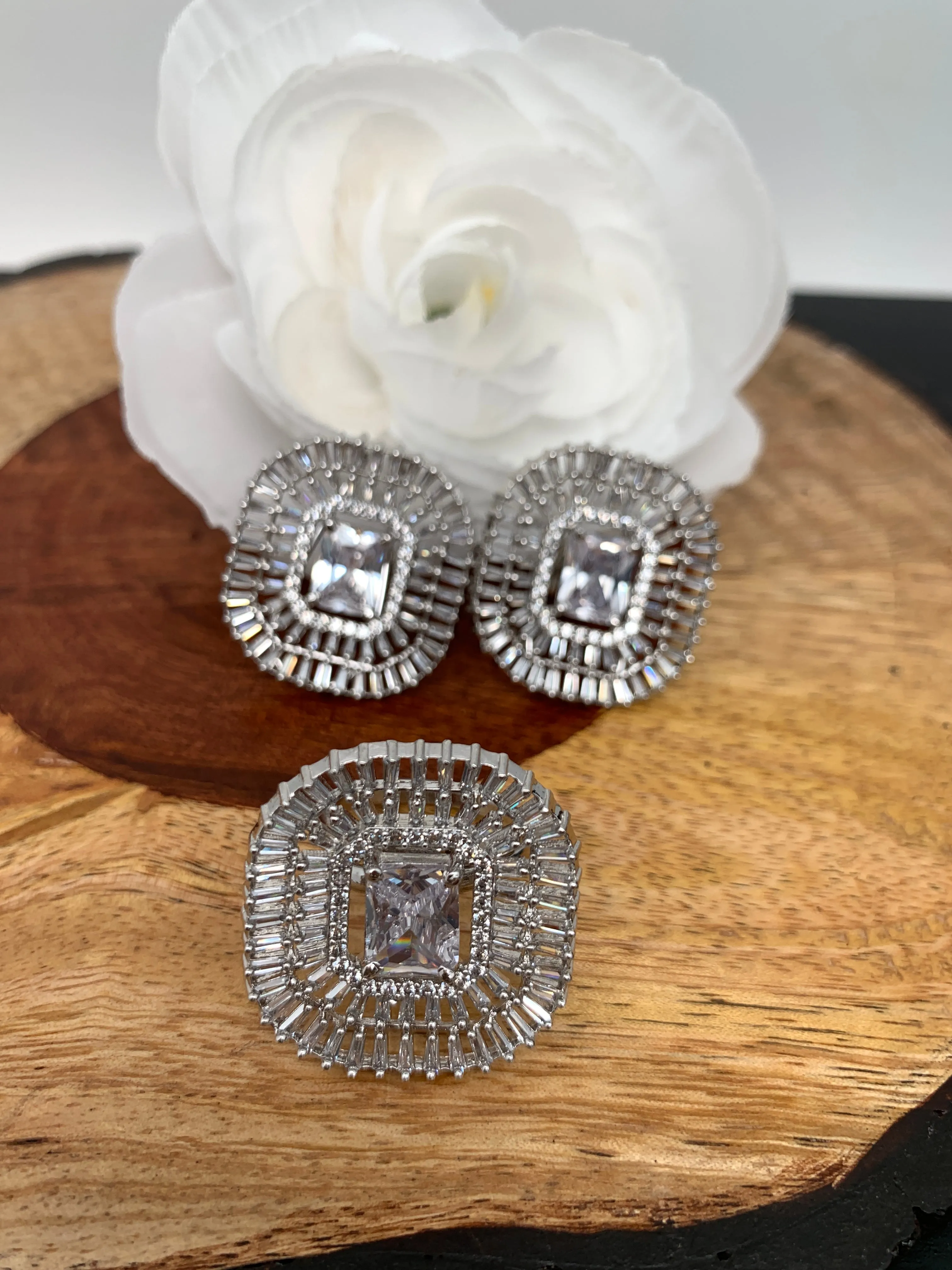 AD Clear Stone Earrings with Ring in Silver Polish