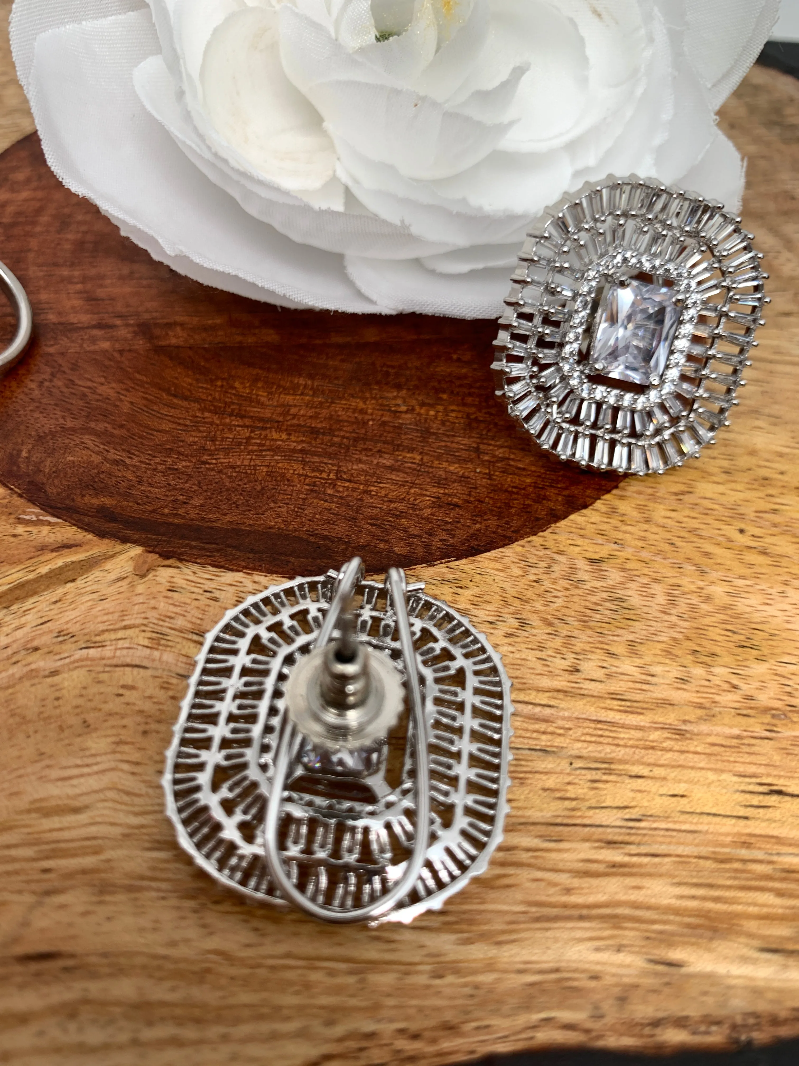 AD Clear Stone Earrings with Ring in Silver Polish