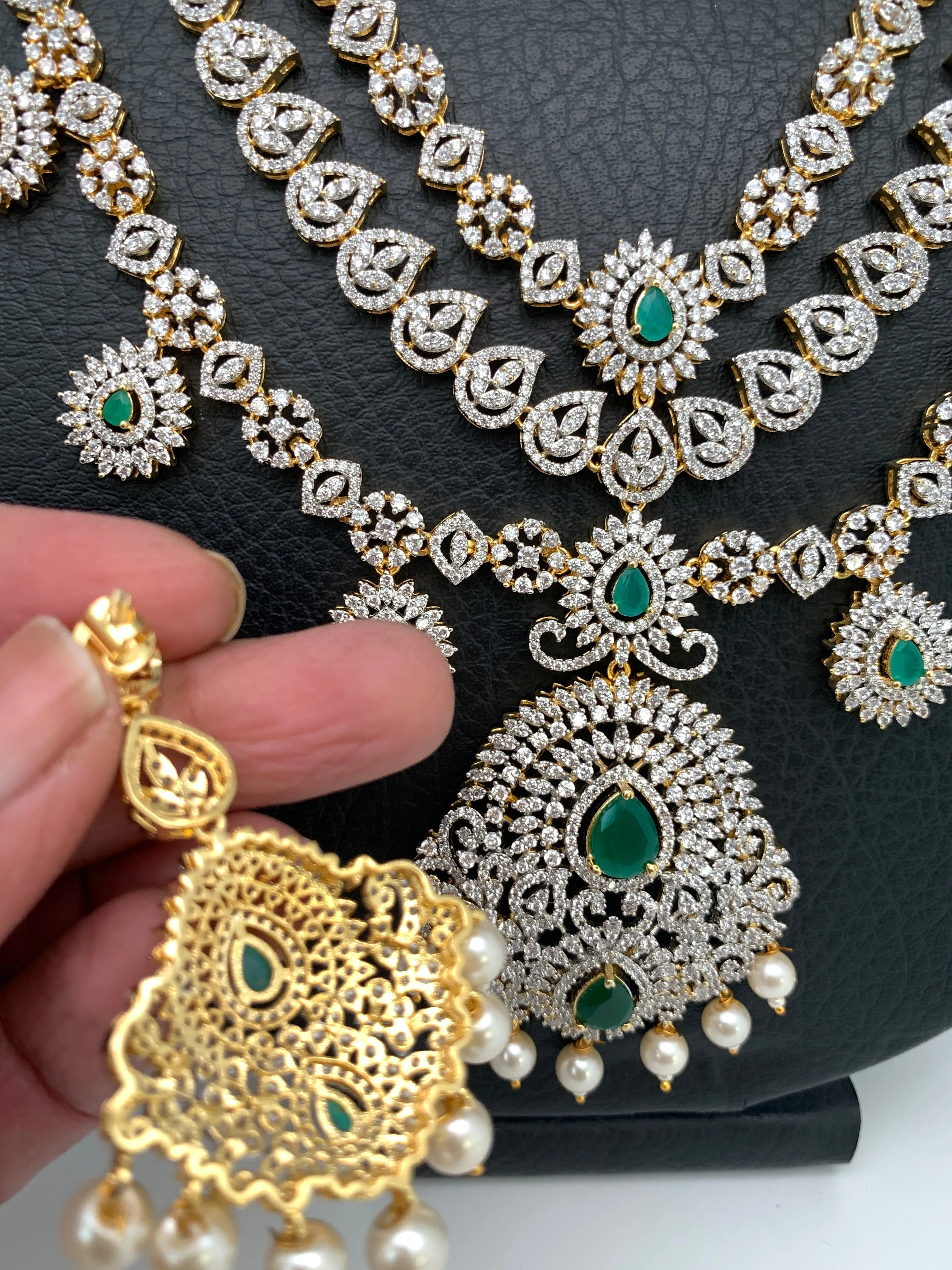 AD Emerald Green Stone Three Layer Teen Lada Long Necklace