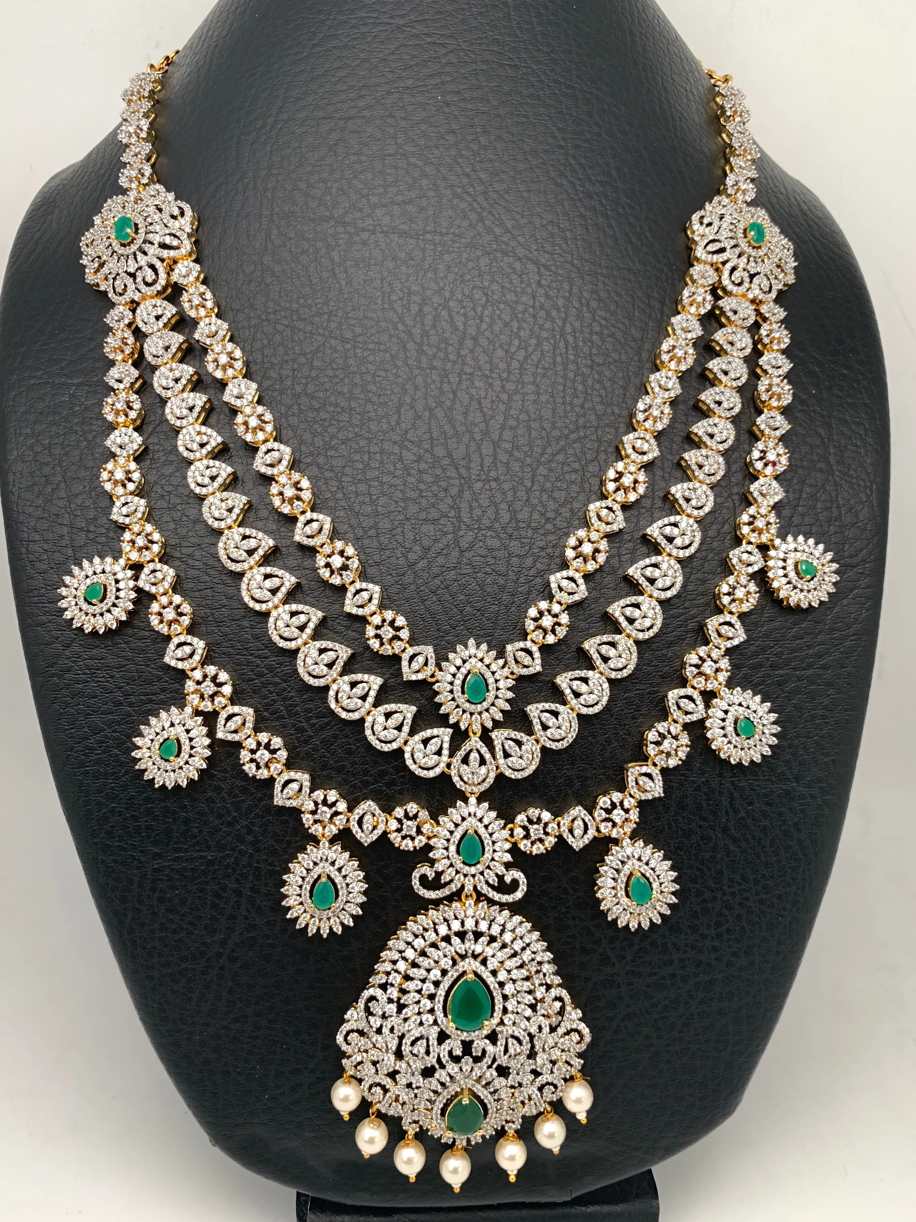 AD Emerald Green Stone Three Layer Teen Lada Long Necklace