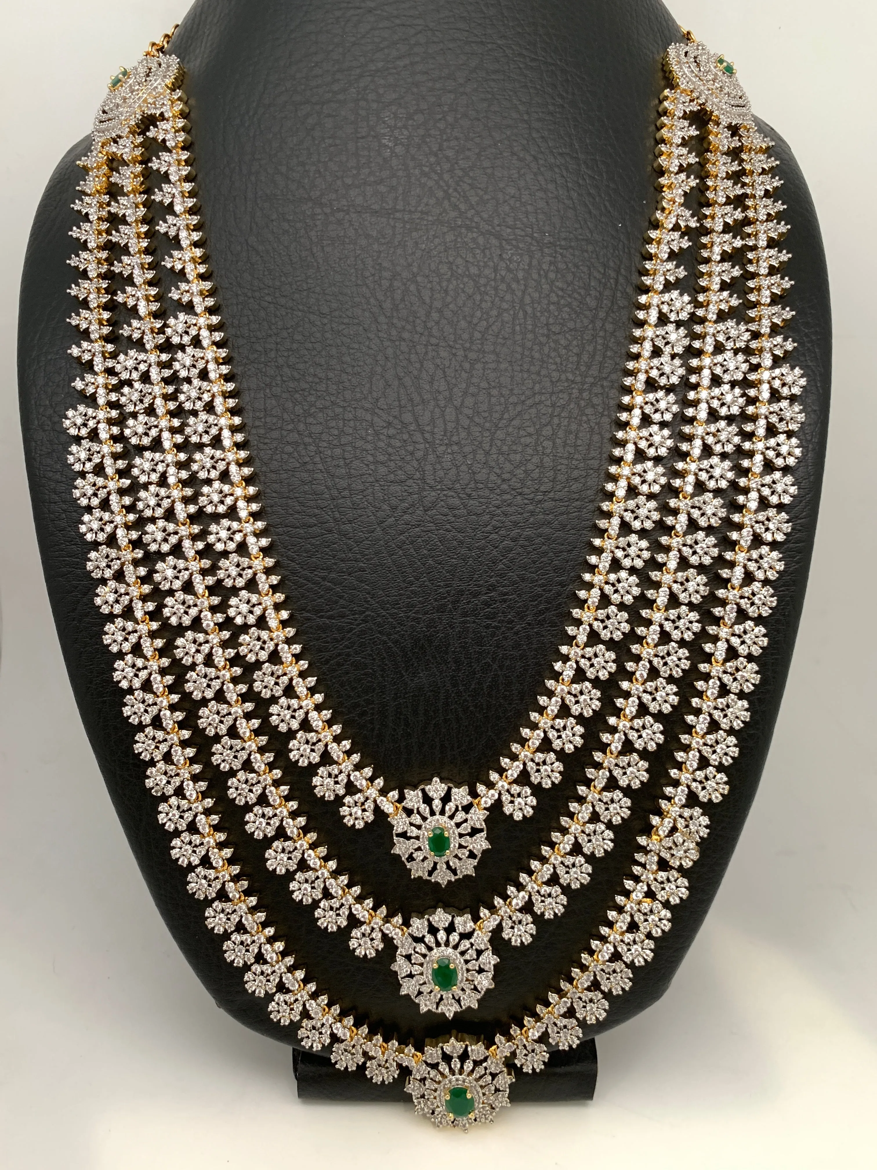 AD Emerald Green Stone Triple Layer Teen Lada Long Necklace