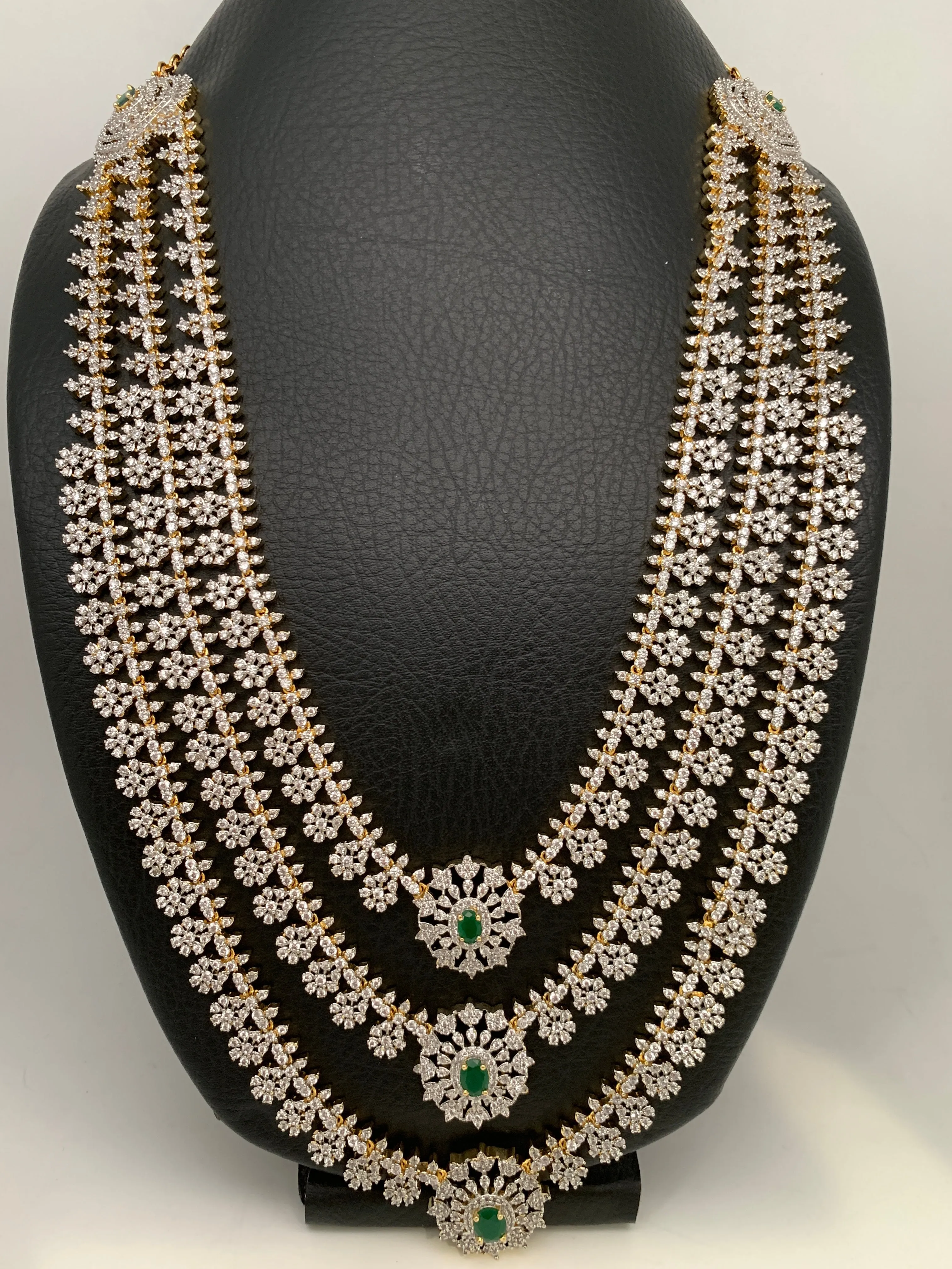 AD Emerald Green Stone Triple Layer Teen Lada Long Necklace