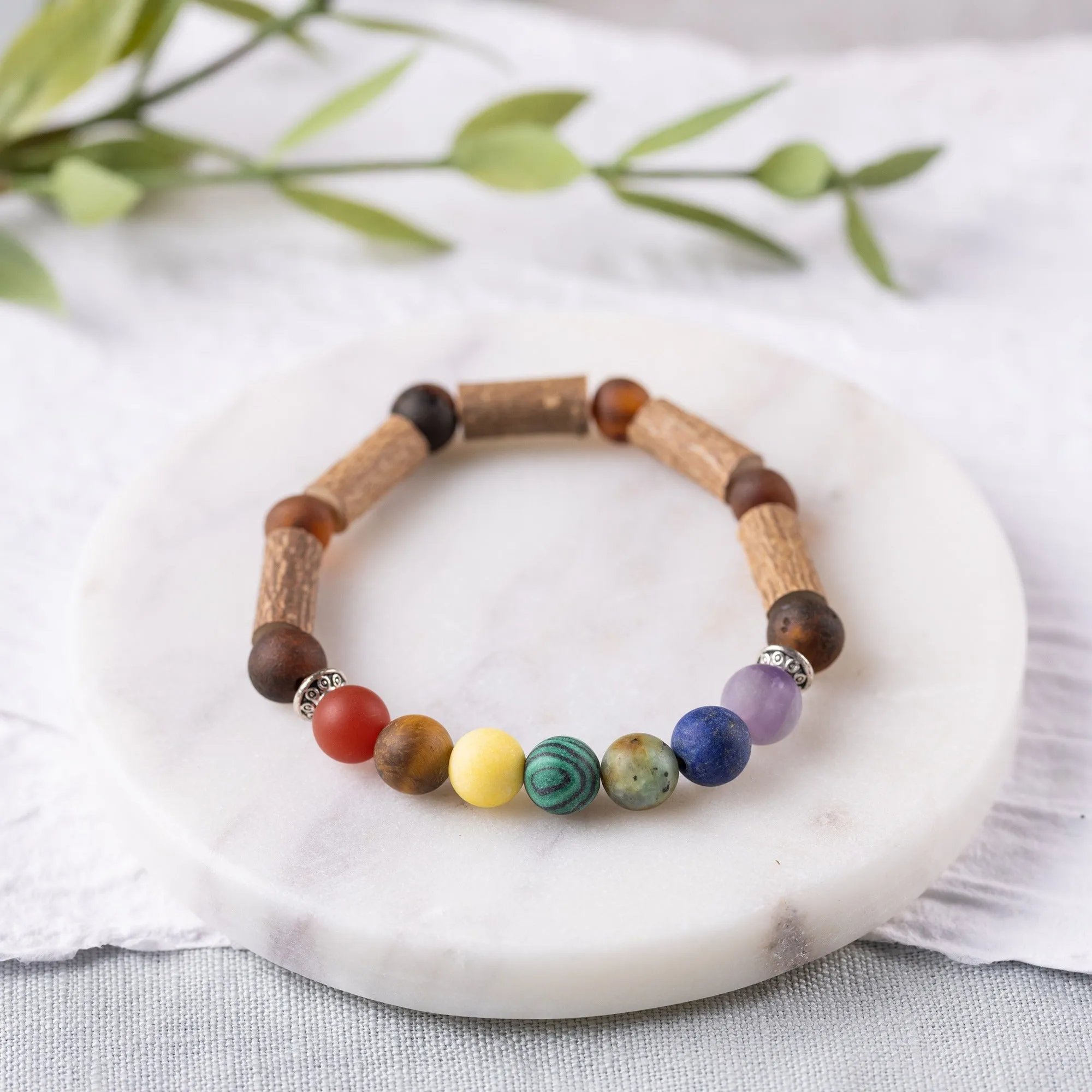 Adults | Rainbow Chakra   Raw Cherry Amber Hazelwood Bracelet