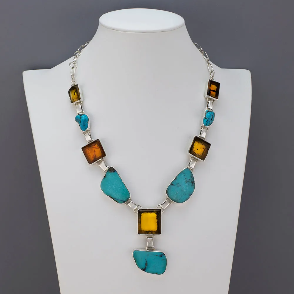 Amber and Turquoise Y Necklace