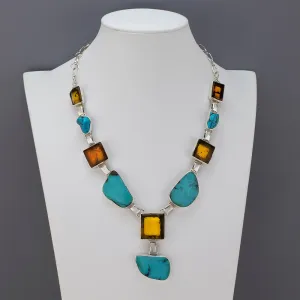 Amber and Turquoise Y Necklace