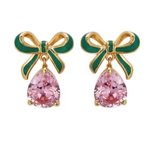 Amelia Bow Studs Emerald Green Enamel, Pink CZ Teardrop Gold