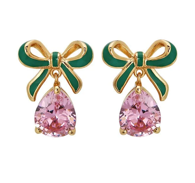 Amelia Bow Studs Emerald Green Enamel, Pink CZ Teardrop Gold