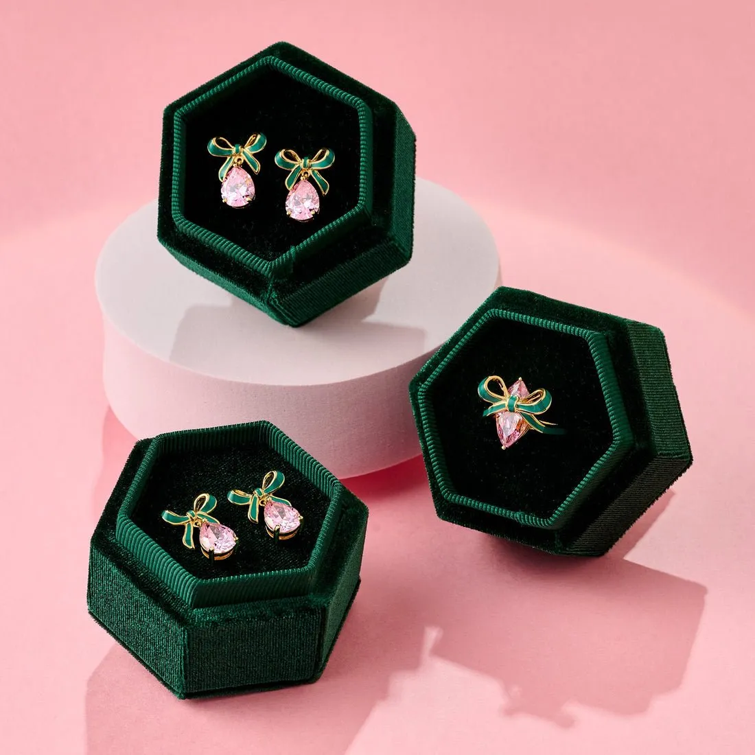 Amelia Bow Studs Emerald Green Enamel, Pink CZ Teardrop Gold