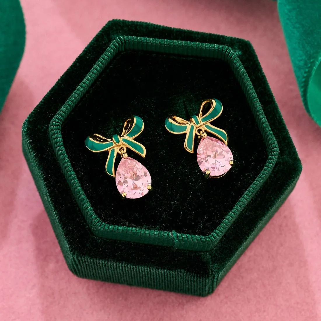 Amelia Bow Studs Emerald Green Enamel, Pink CZ Teardrop Gold
