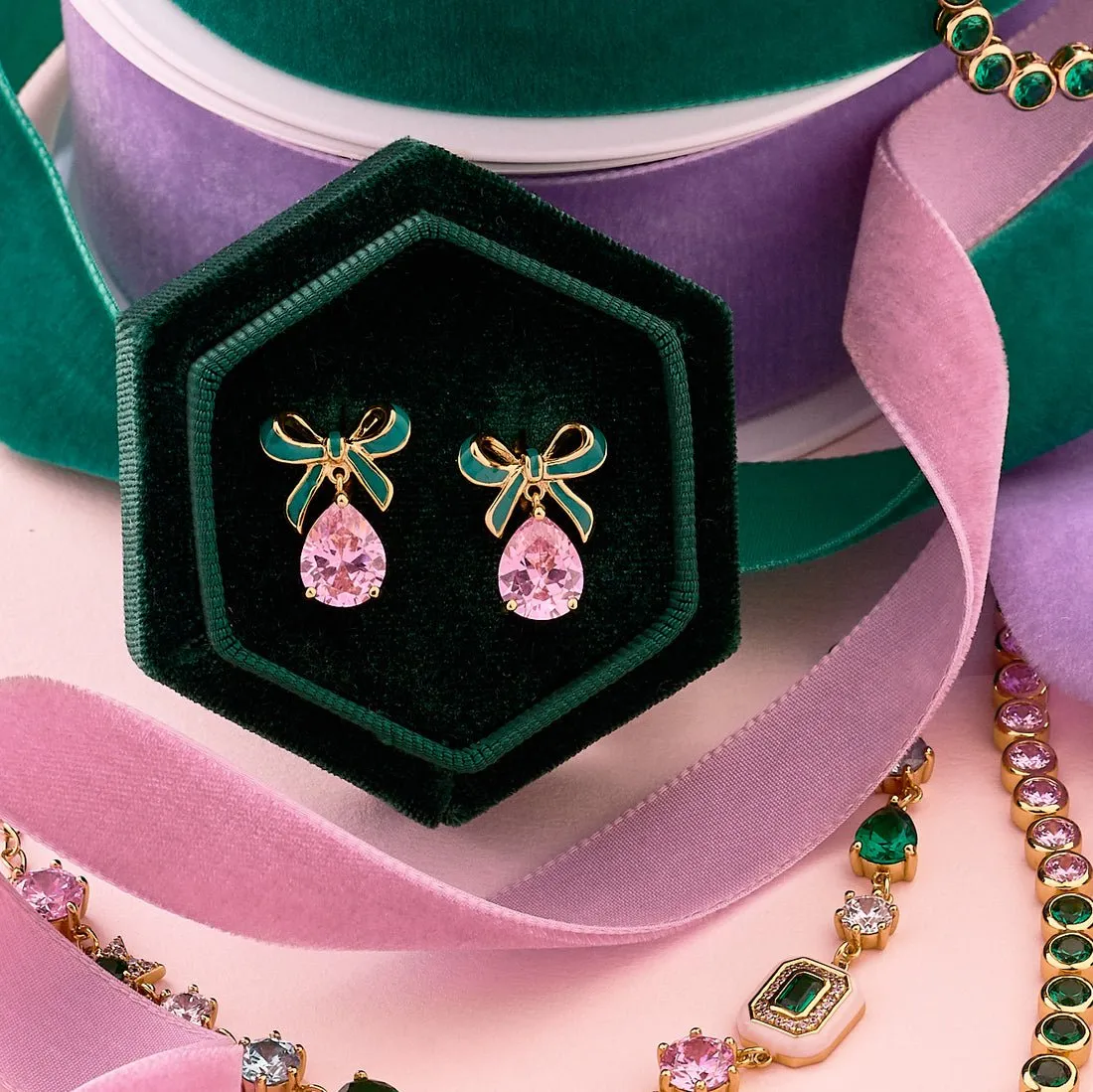 Amelia Bow Studs Emerald Green Enamel, Pink CZ Teardrop Gold