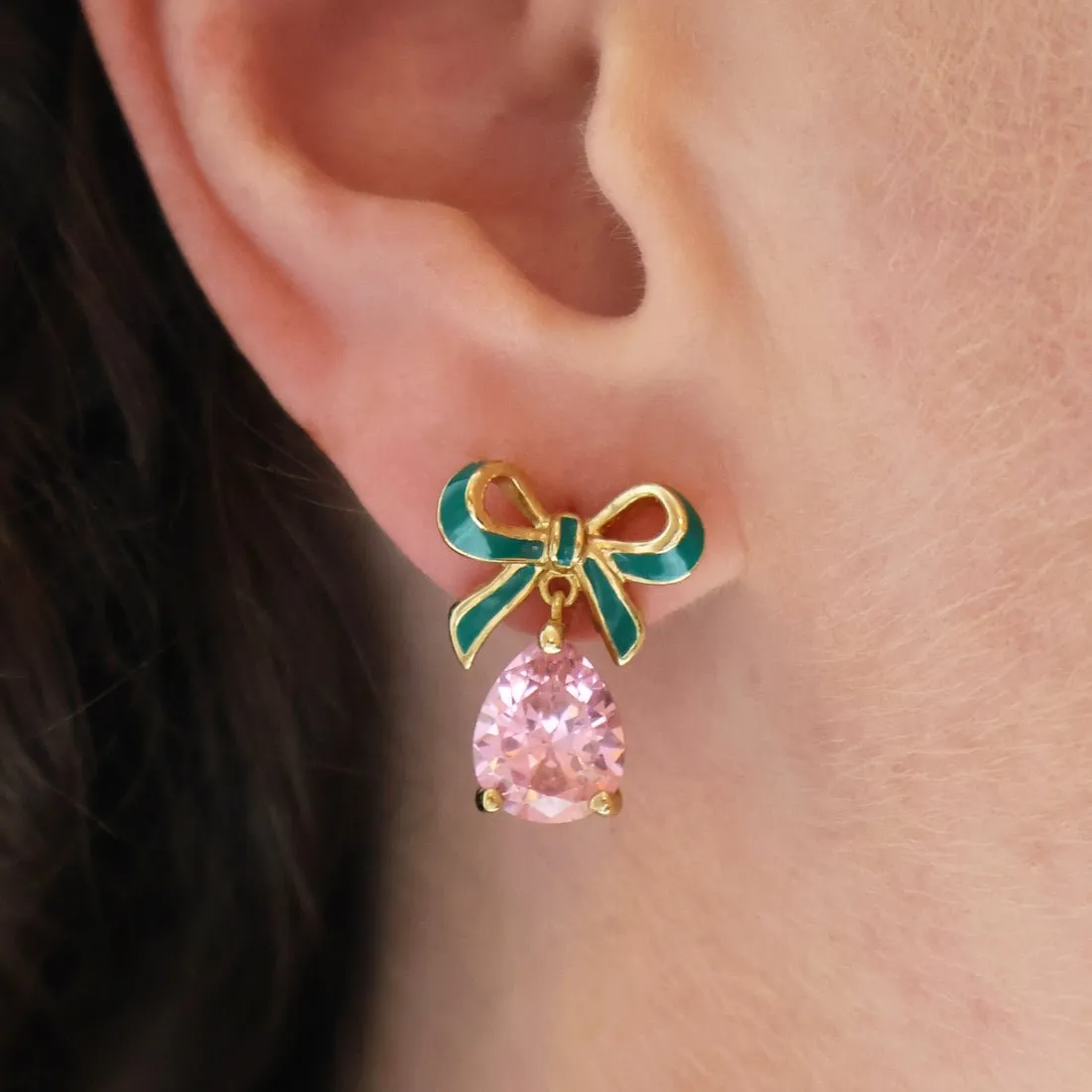 Amelia Bow Studs Emerald Green Enamel, Pink CZ Teardrop Gold