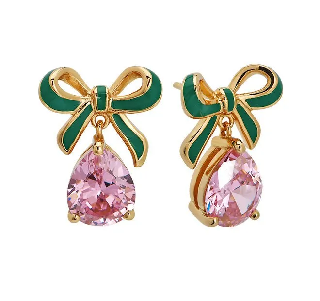 Amelia Bow Studs Emerald Green Enamel, Pink CZ Teardrop Gold