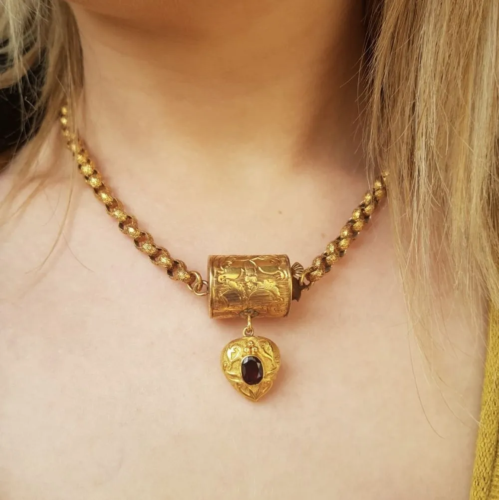 Antique Georgian Necklace 18Ct Gold Garnet Heart Pendant Circa 1800