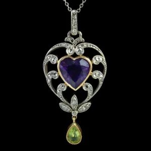 Antique Suffragette Heart Pendant Necklace Platinum 18Ct Gold Edwardian Circa 1910