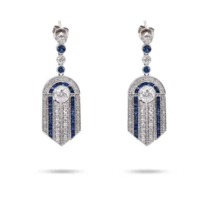Art Deco Inspired Diamond Sapphire 14k White Gold Dangle Earrings