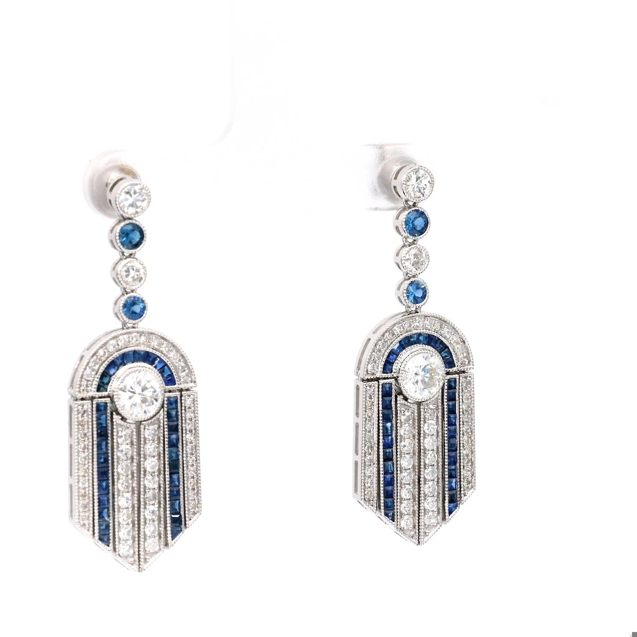 Art Deco Inspired Diamond Sapphire 14k White Gold Dangle Earrings