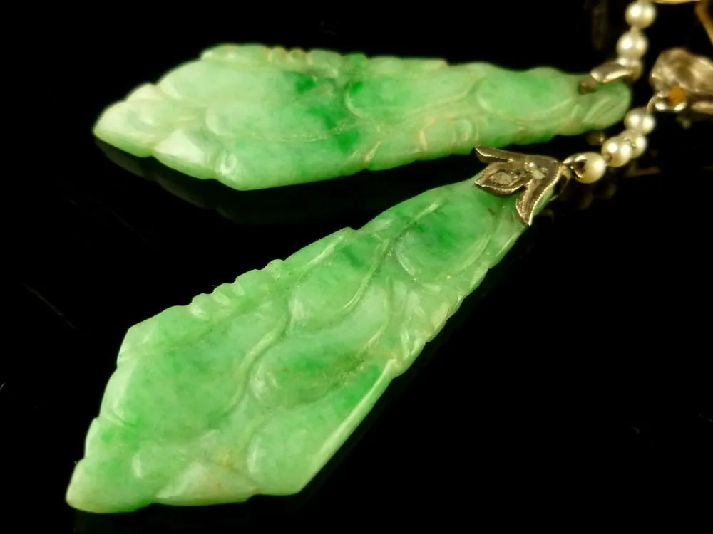 Art Deco Long Jade Diamond & Pearl Earrings