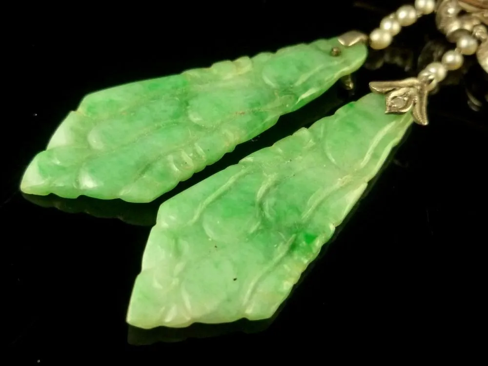 Art Deco Long Jade Diamond & Pearl Earrings