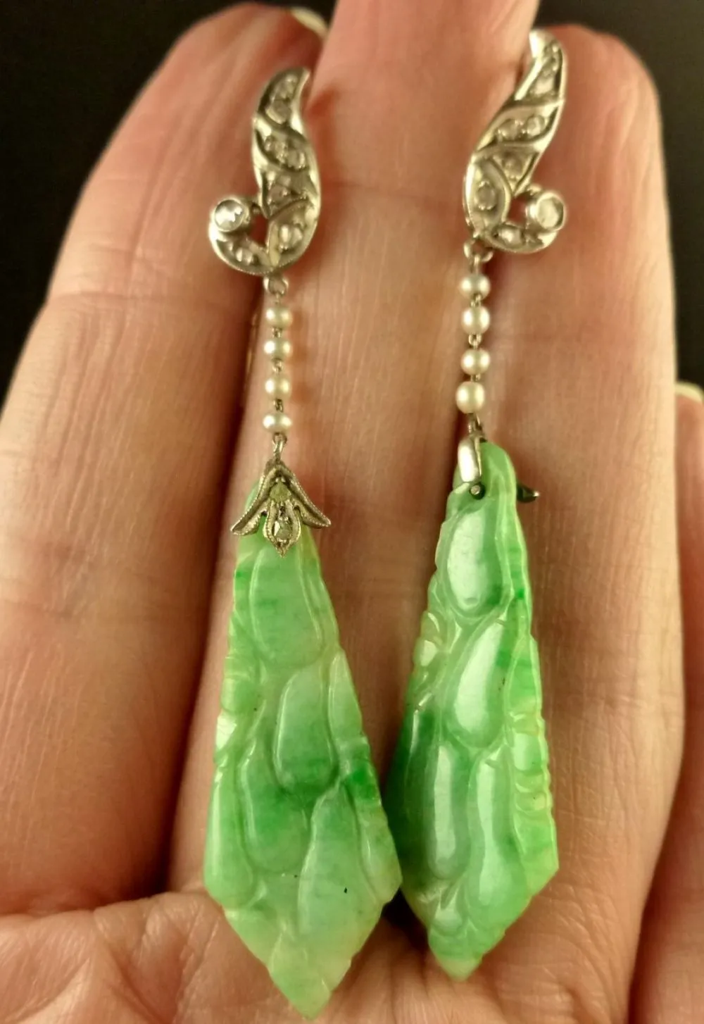 Art Deco Long Jade Diamond & Pearl Earrings