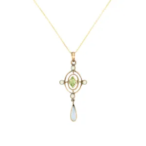 Art Nouveau 10k Lavalier Peridot, Moonstone, and Pearl Necklace