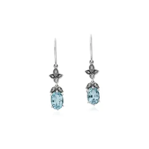 Art Nouveau Stil Blauer Topas & Markasit Tropfen Ohrringe in 925 Sterling Silber