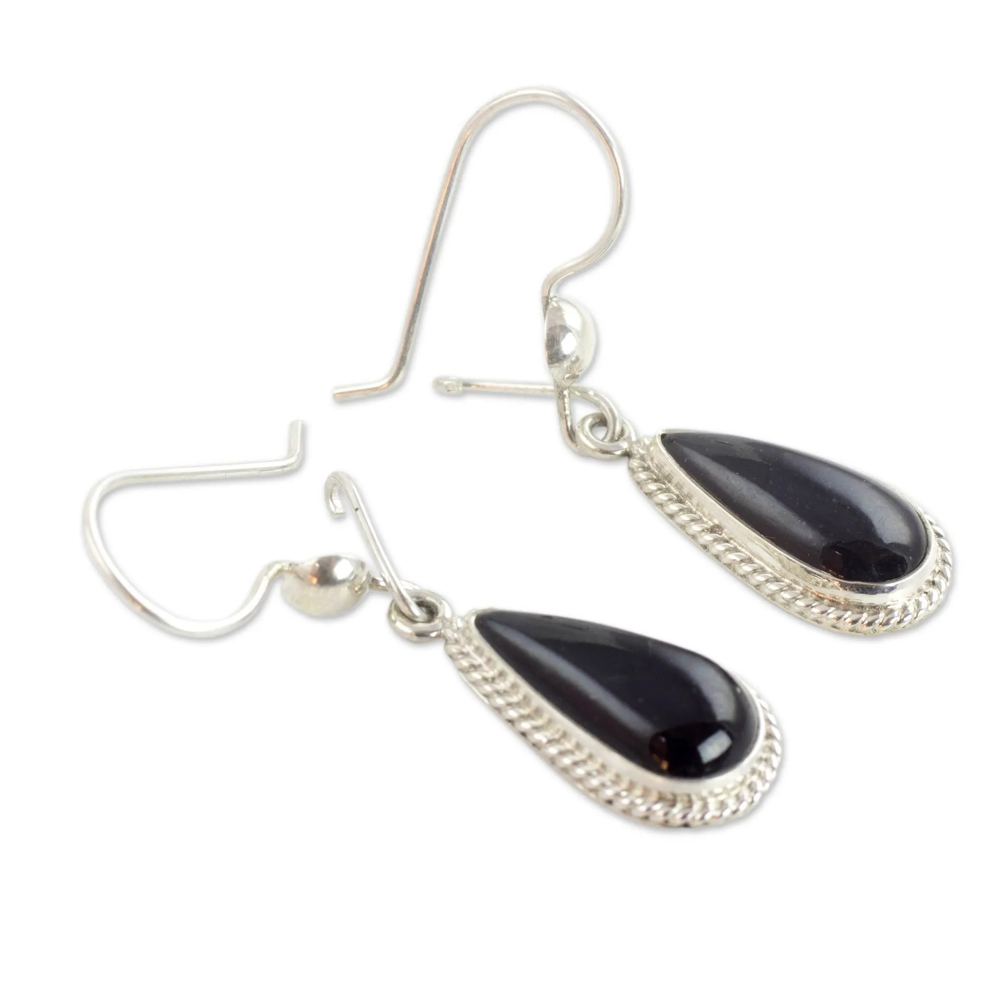 Artisan Crafted Sterling Silver Black Jade Dangle Earrings - Black Tear | NOVICA