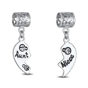 Aunt Niece Puzzle 2PC Split Heart Dangle Bead Charm Sterling Silver