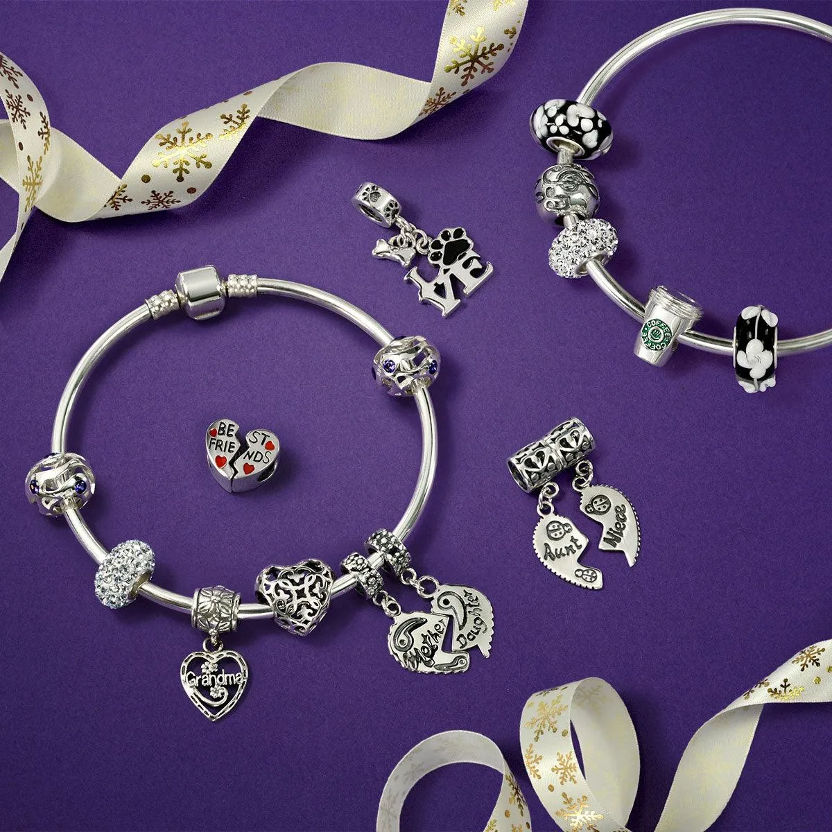 Aunt Niece Puzzle 2PC Split Heart Dangle Bead Charm Sterling Silver