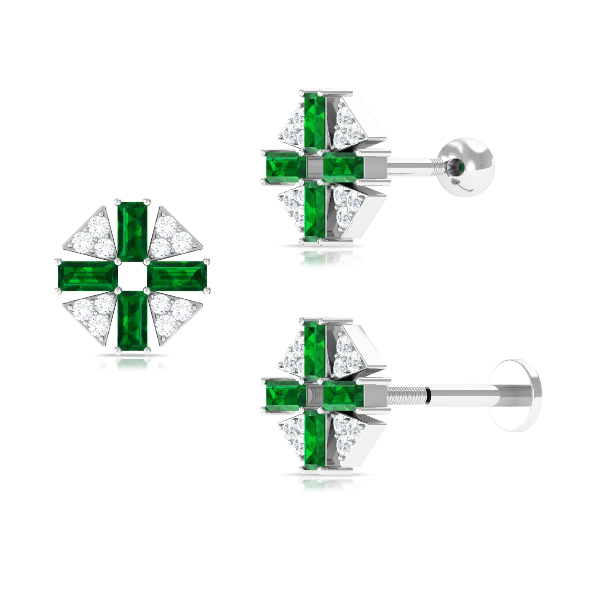 Baguette Created Emerald Unique Helix Earring with Moissanite