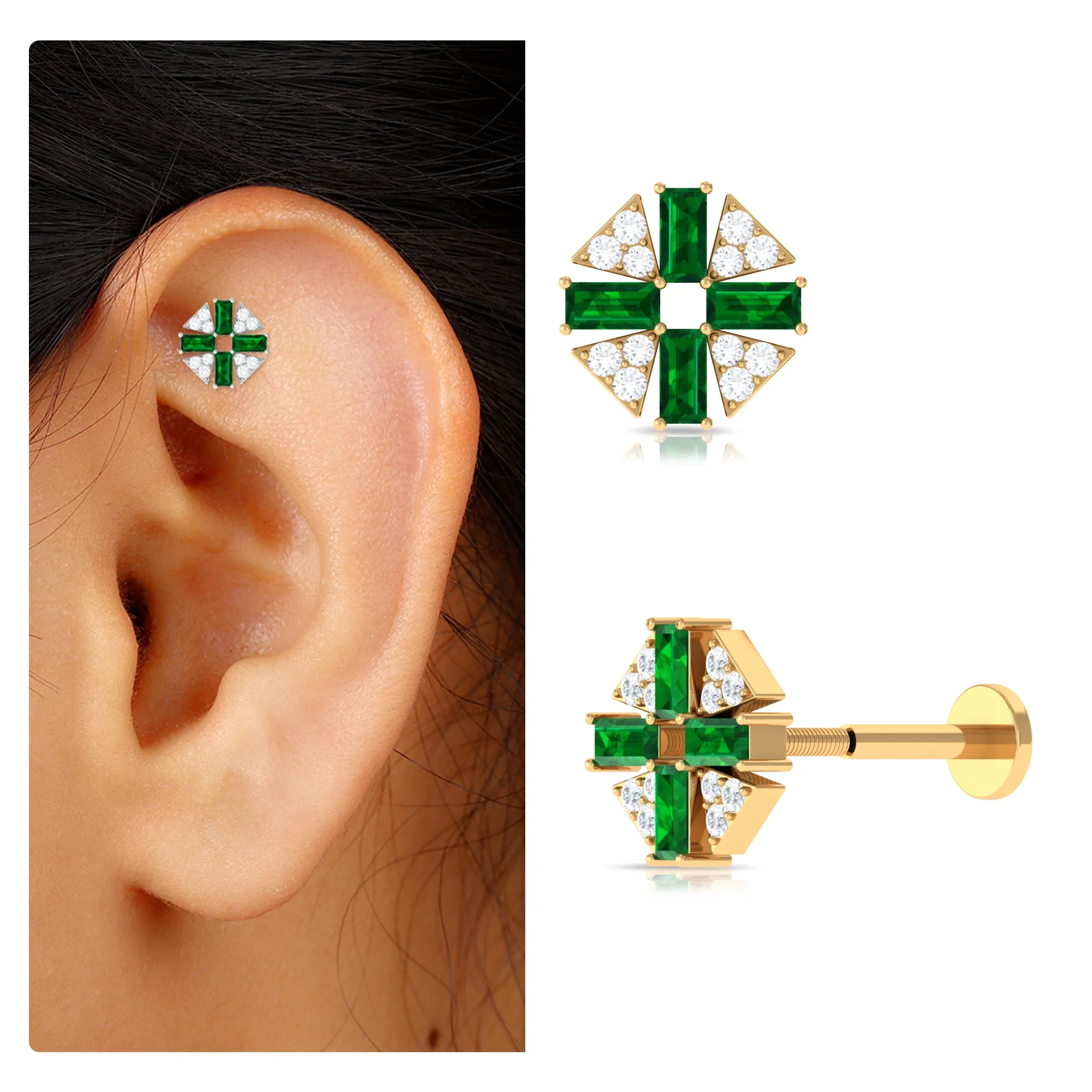 Baguette Created Emerald Unique Helix Earring with Moissanite