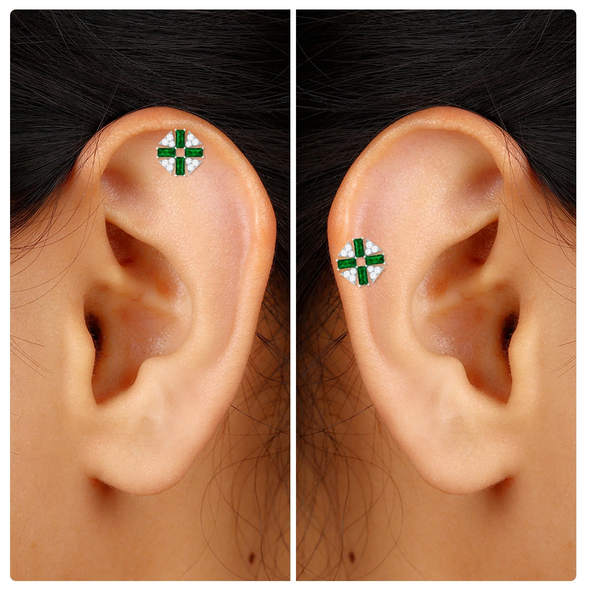 Baguette Created Emerald Unique Helix Earring with Moissanite