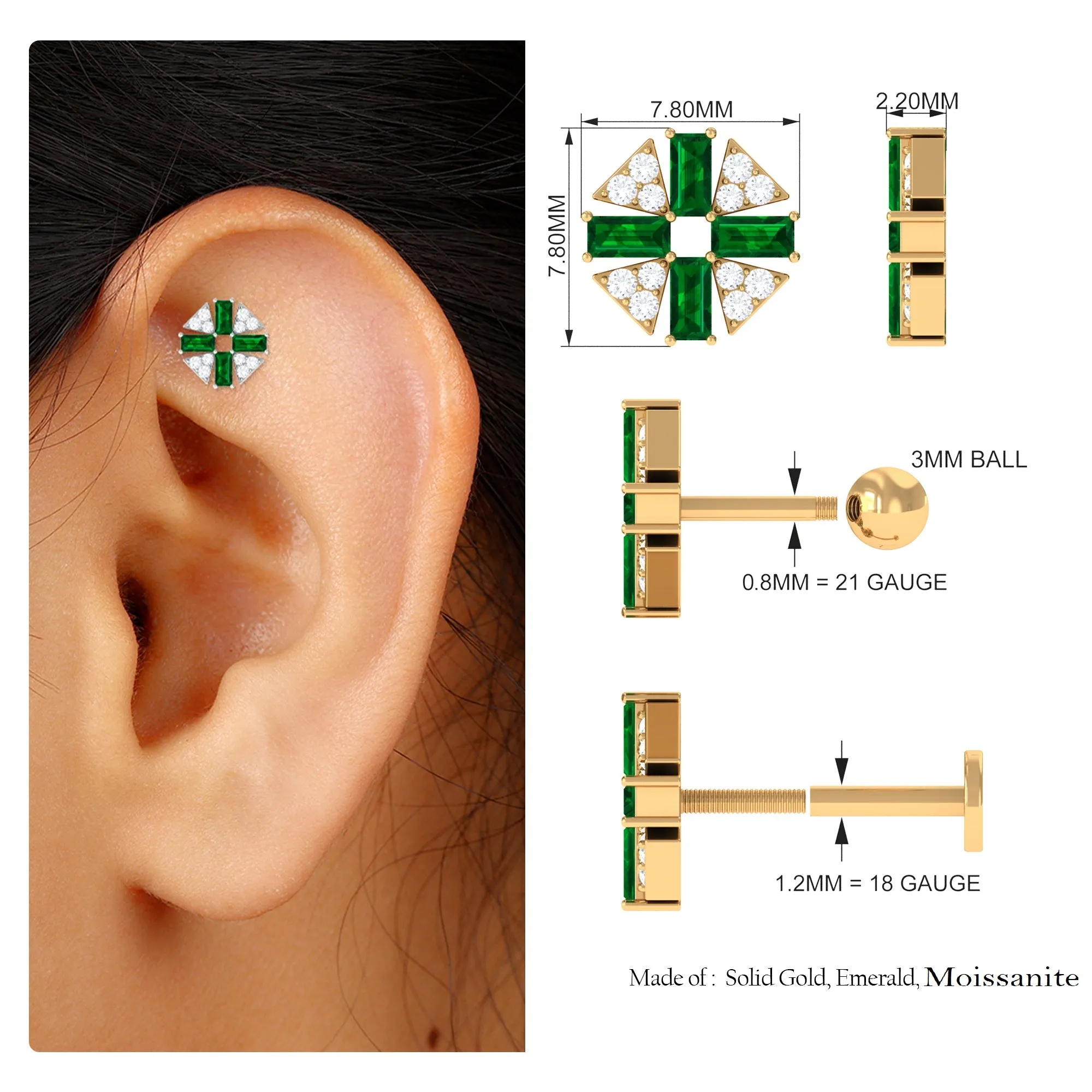 Baguette Created Emerald Unique Helix Earring with Moissanite