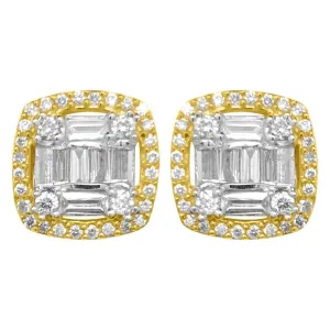Baguette Cushion Cluster Diamond Earrings .80cttw 10K Yellow Gold