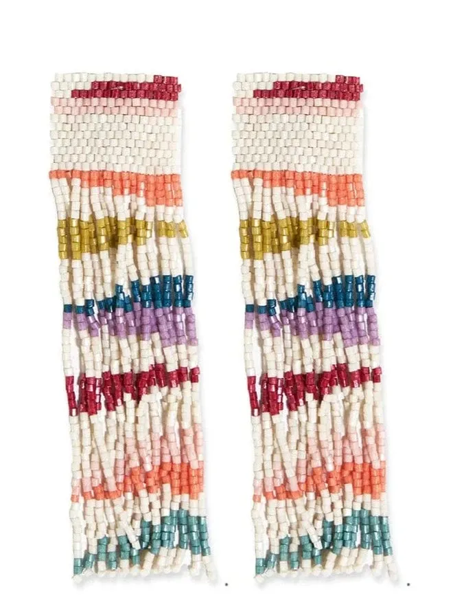 Belle Angled Stripes Beaded Fringe Earrings Rainbow