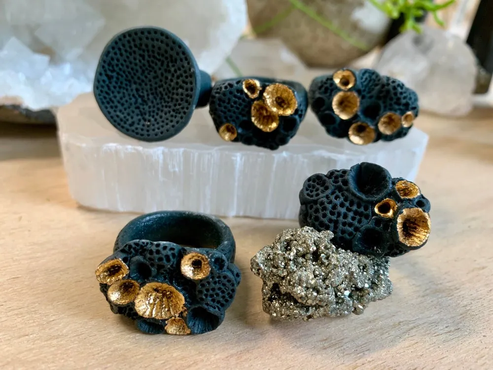 Black porcelain   gold lustre ‘rock coral’ ring, choose a size