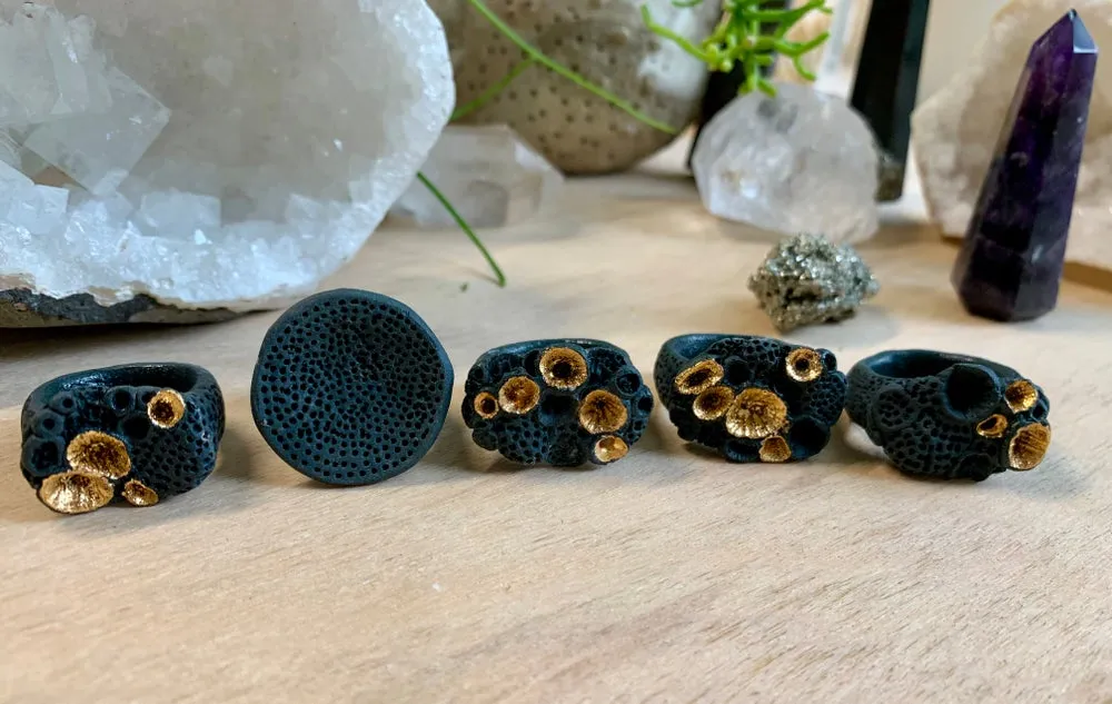 Black porcelain   gold lustre ‘rock coral’ ring, choose a size