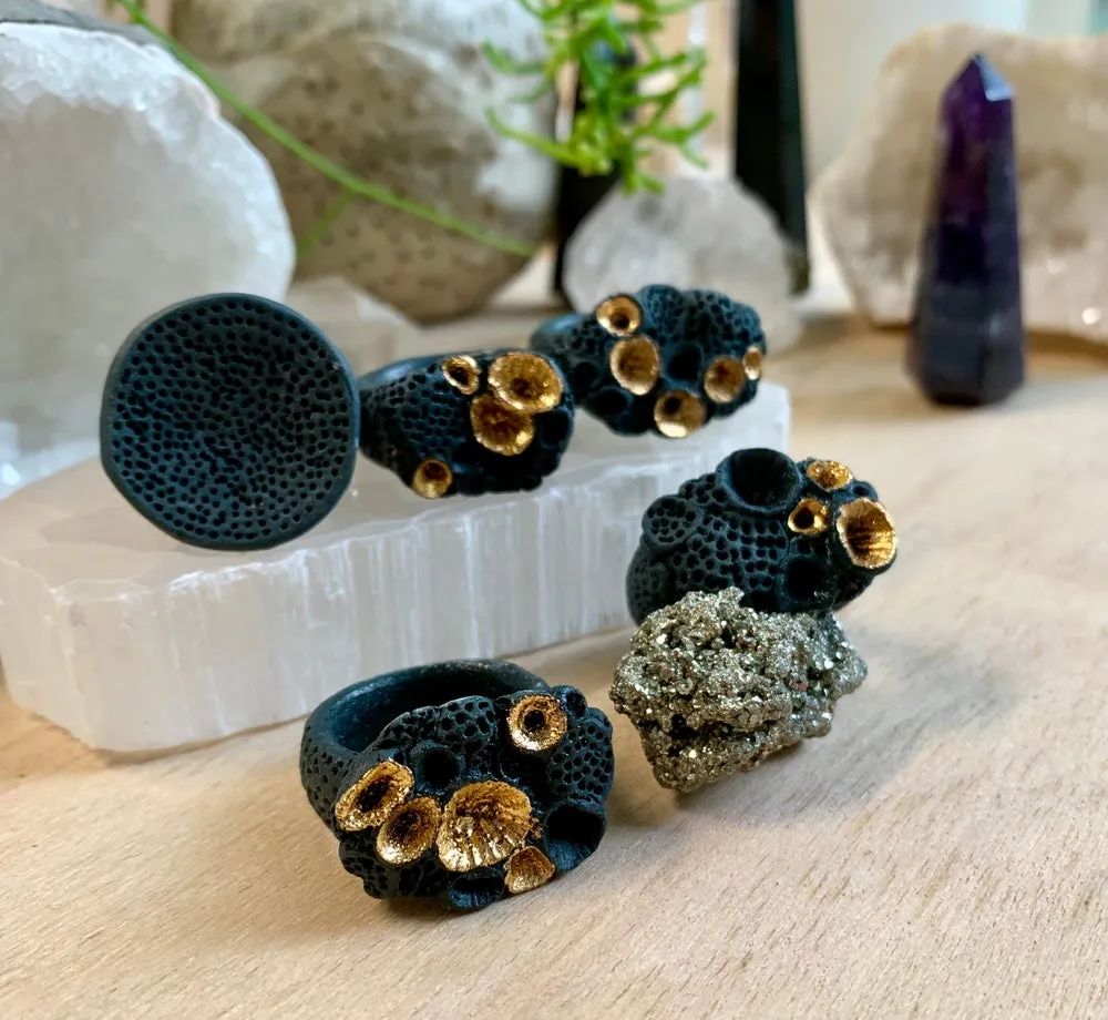 Black porcelain   gold lustre ‘rock coral’ ring, choose a size