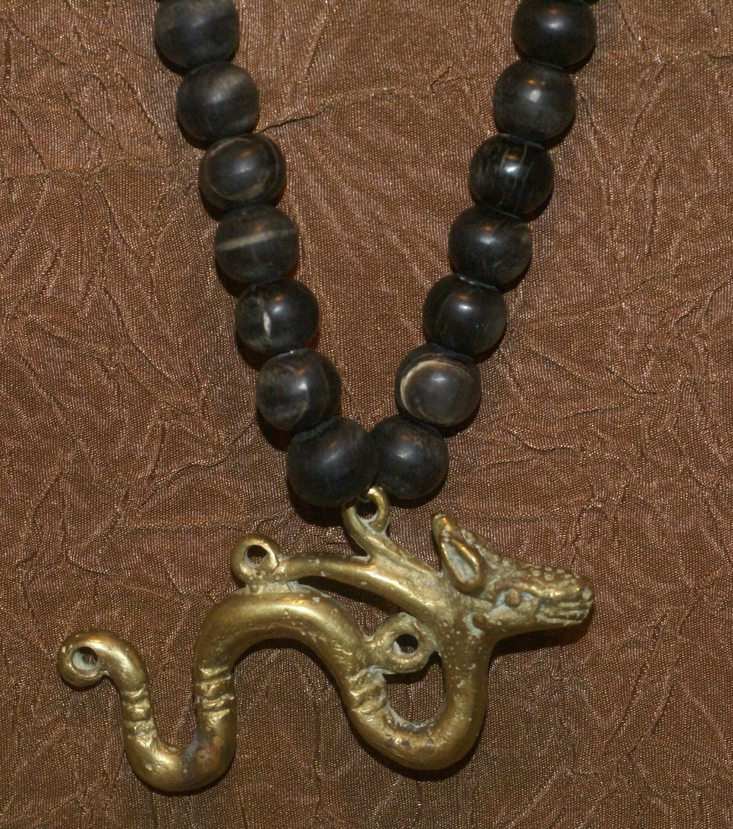 Borneo Tribal Oran Ulu, Dayak, Iban Tribe Heavy Brass Bronze Aso Dog Dragon Earring Talisman, Ear Weight Used as a Pendant for Necklace with Dark Old Glass Trade Beads NB15