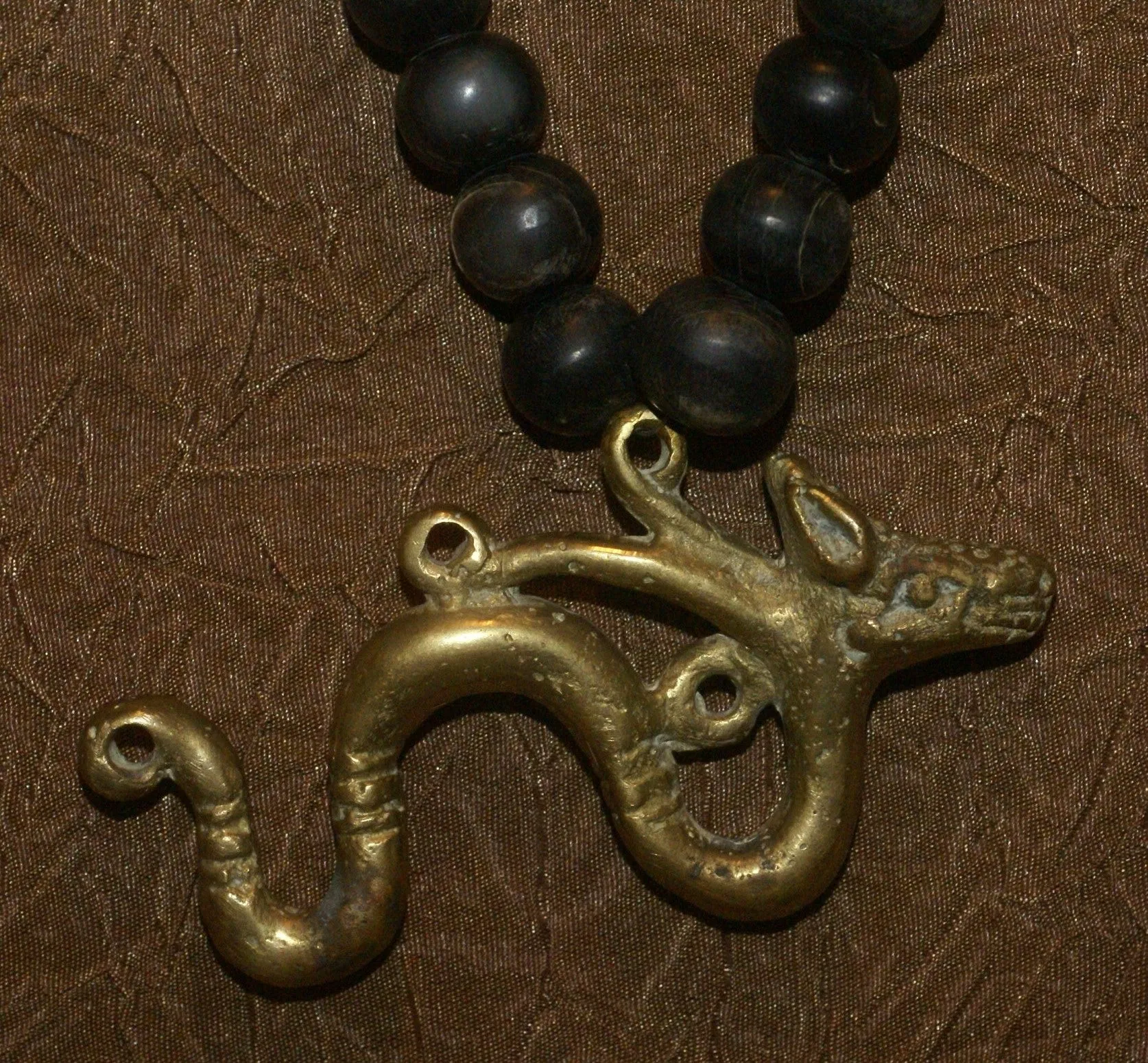 Borneo Tribal Oran Ulu, Dayak, Iban Tribe Heavy Brass Bronze Aso Dog Dragon Earring Talisman, Ear Weight Used as a Pendant for Necklace with Dark Old Glass Trade Beads NB15