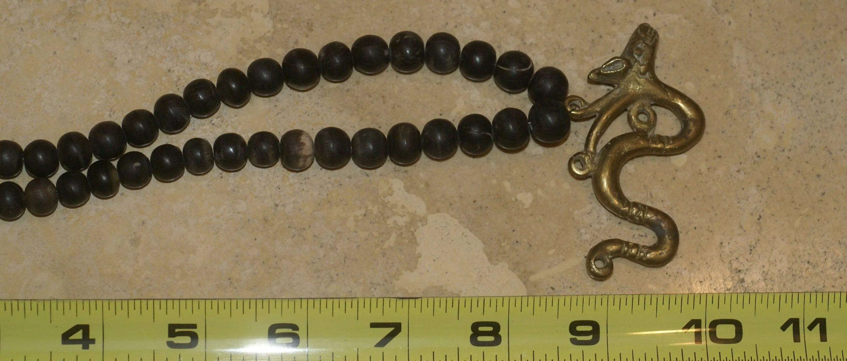 Borneo Tribal Oran Ulu, Dayak, Iban Tribe Heavy Brass Bronze Aso Dog Dragon Earring Talisman, Ear Weight Used as a Pendant for Necklace with Dark Old Glass Trade Beads NB15