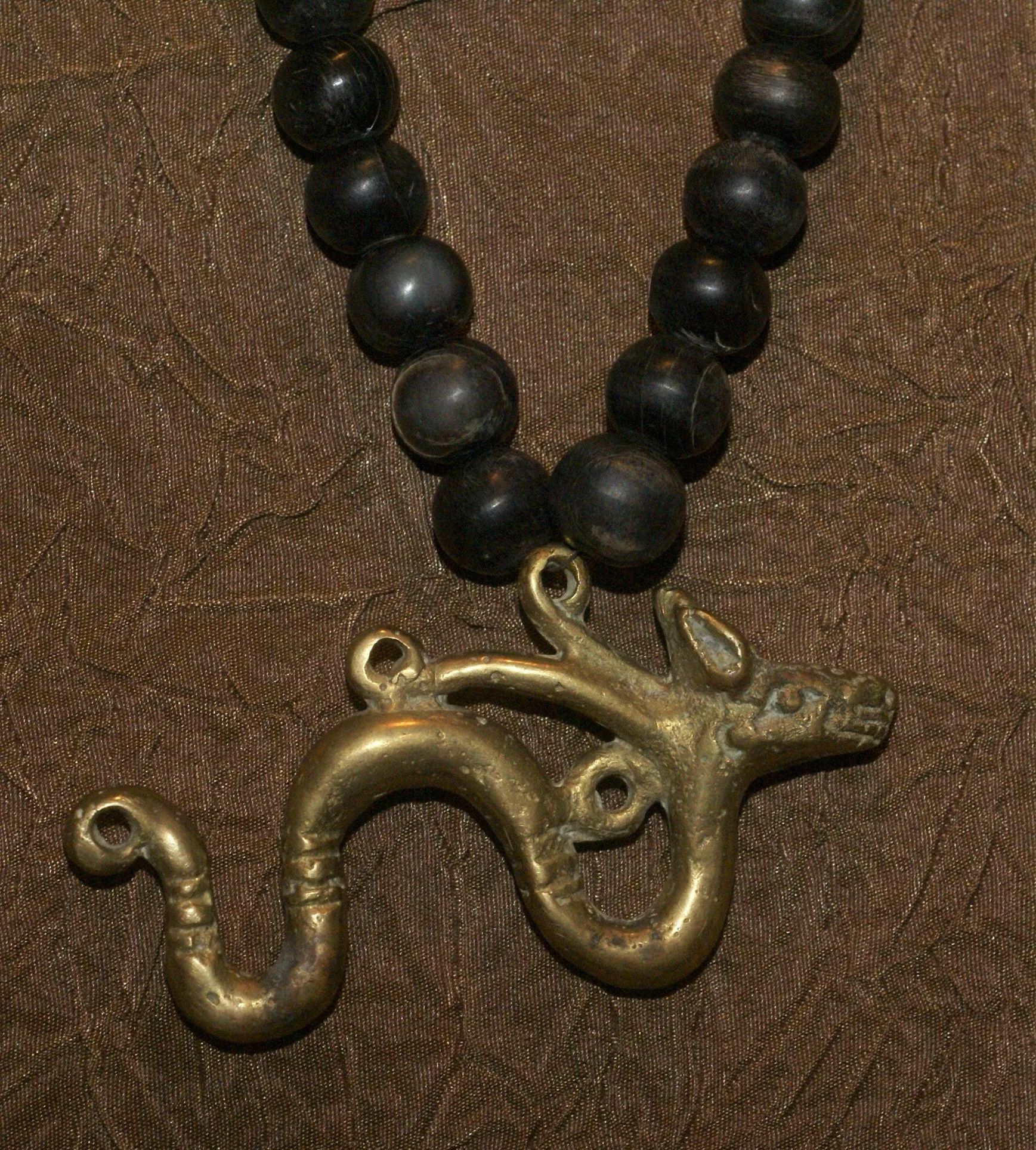 Borneo Tribal Oran Ulu, Dayak, Iban Tribe Heavy Brass Bronze Aso Dog Dragon Earring Talisman, Ear Weight Used as a Pendant for Necklace with Dark Old Glass Trade Beads NB15