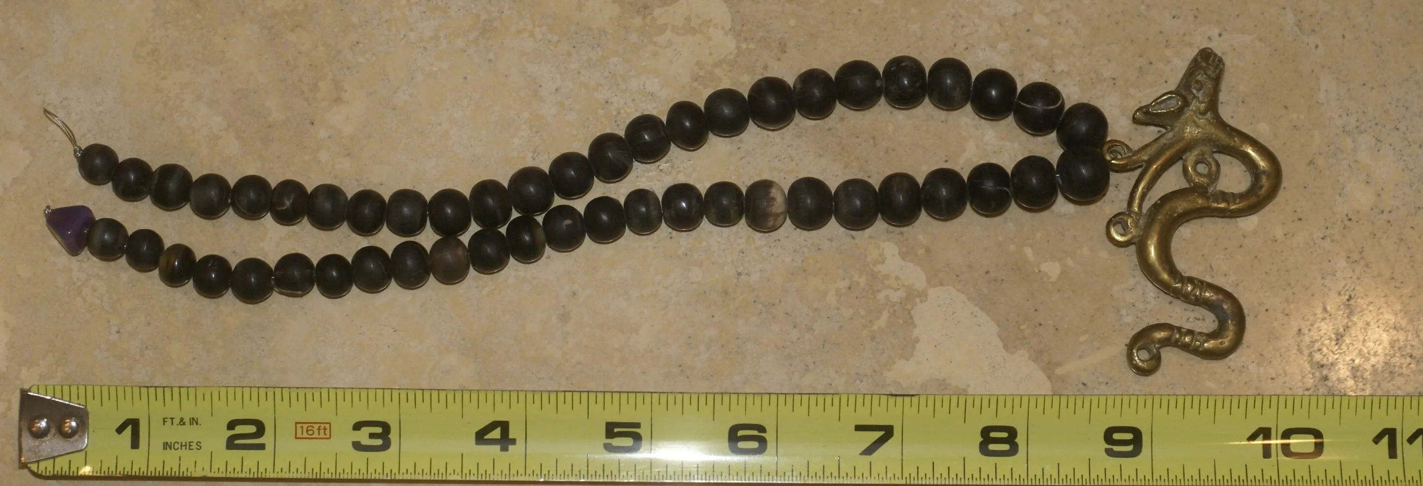 Borneo Tribal Oran Ulu, Dayak, Iban Tribe Heavy Brass Bronze Aso Dog Dragon Earring Talisman, Ear Weight Used as a Pendant for Necklace with Dark Old Glass Trade Beads NB15