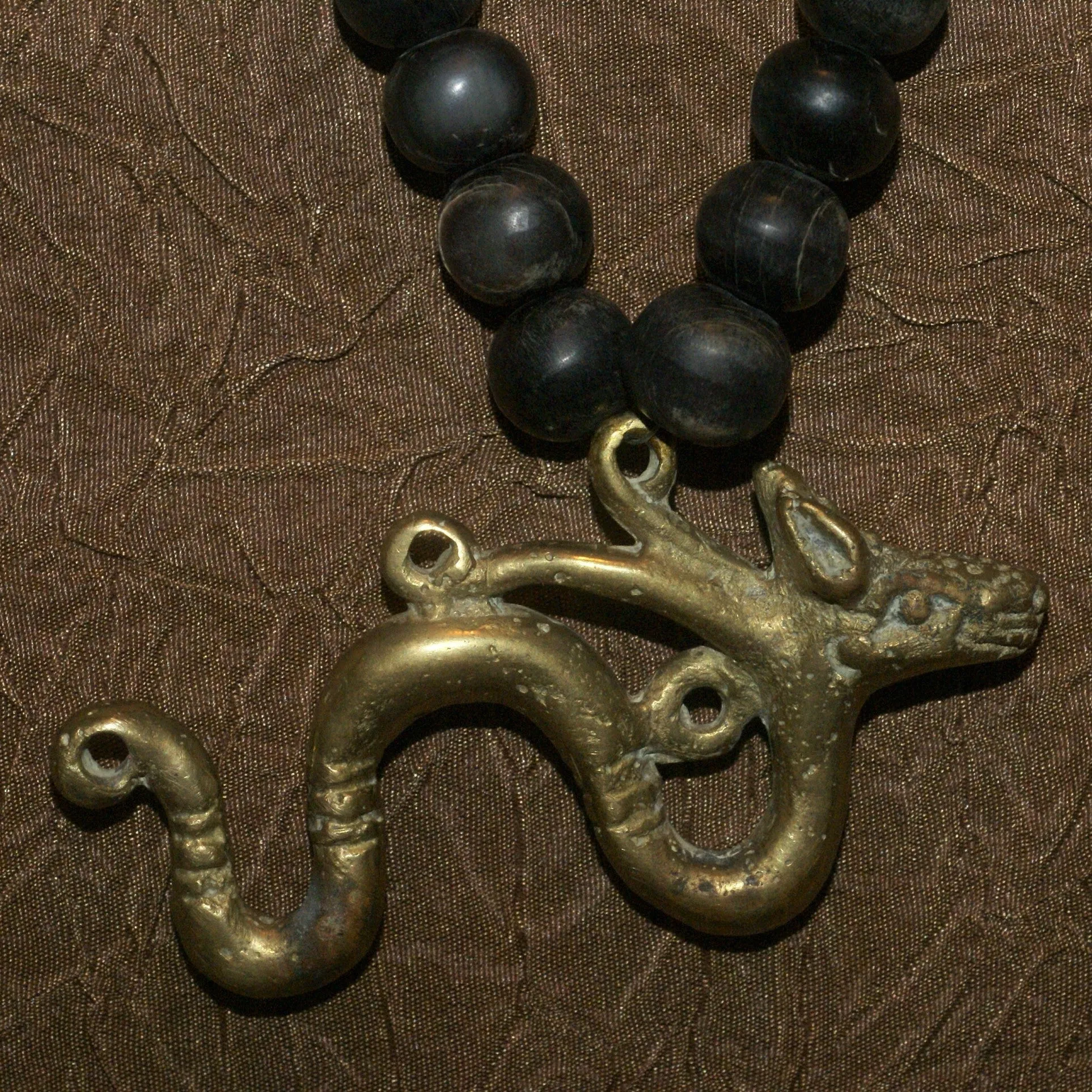 Borneo Tribal Oran Ulu, Dayak, Iban Tribe Heavy Brass Bronze Aso Dog Dragon Earring Talisman, Ear Weight Used as a Pendant for Necklace with Dark Old Glass Trade Beads NB15
