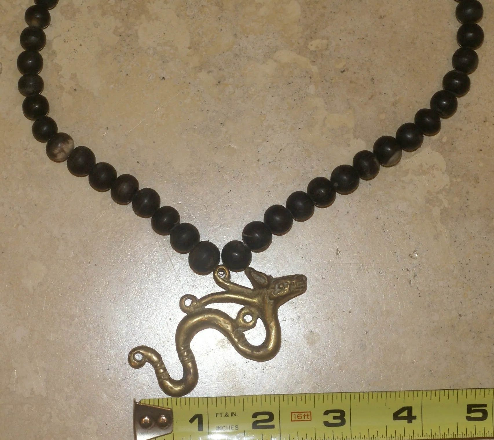 Borneo Tribal Oran Ulu, Dayak, Iban Tribe Heavy Brass Bronze Aso Dog Dragon Earring Talisman, Ear Weight Used as a Pendant for Necklace with Dark Old Glass Trade Beads NB15