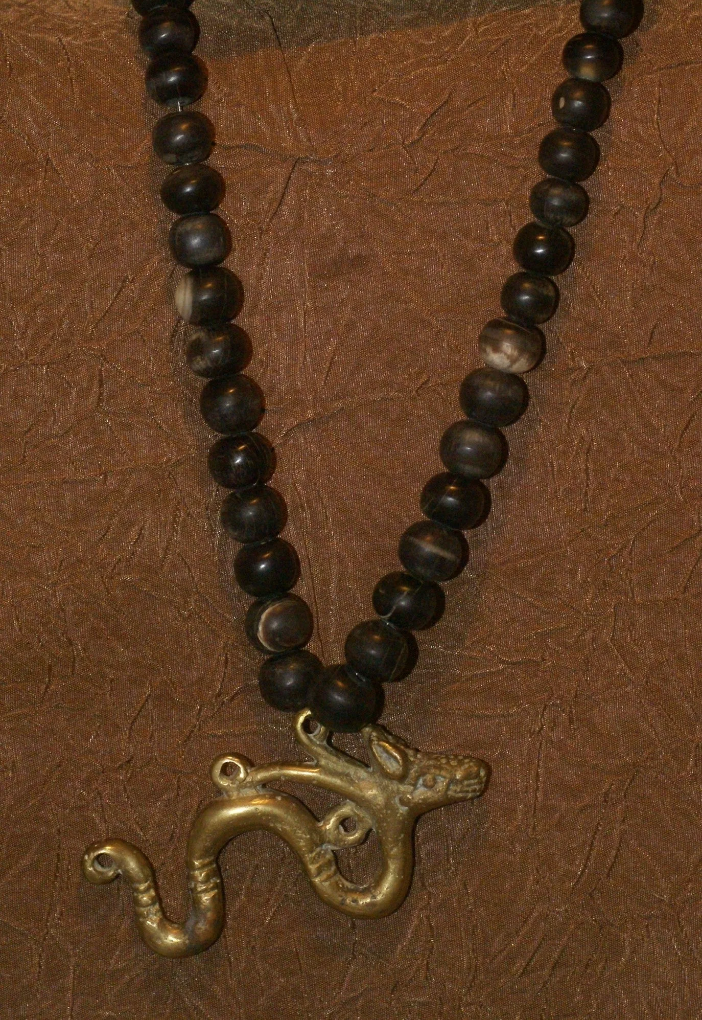 Borneo Tribal Oran Ulu, Dayak, Iban Tribe Heavy Brass Bronze Aso Dog Dragon Earring Talisman, Ear Weight Used as a Pendant for Necklace with Dark Old Glass Trade Beads NB15