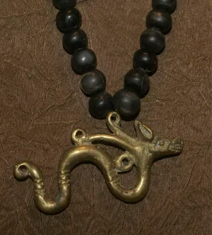 Borneo Tribal Oran Ulu, Dayak, Iban Tribe Heavy Brass Bronze Aso Dog Dragon Earring Talisman, Ear Weight Used as a Pendant for Necklace with Dark Old Glass Trade Beads NB15
