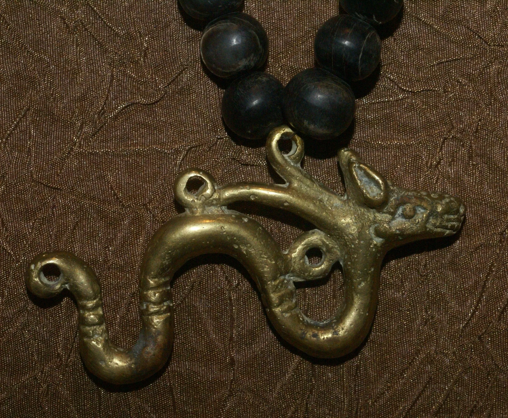 Borneo Tribal Oran Ulu, Dayak, Iban Tribe Heavy Brass Bronze Aso Dog Dragon Earring Talisman, Ear Weight Used as a Pendant for Necklace with Dark Old Glass Trade Beads NB15