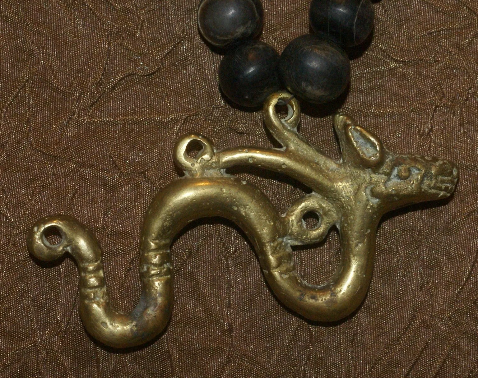 Borneo Tribal Oran Ulu, Dayak, Iban Tribe Heavy Brass Bronze Aso Dog Dragon Earring Talisman, Ear Weight Used as a Pendant for Necklace with Dark Old Glass Trade Beads NB15