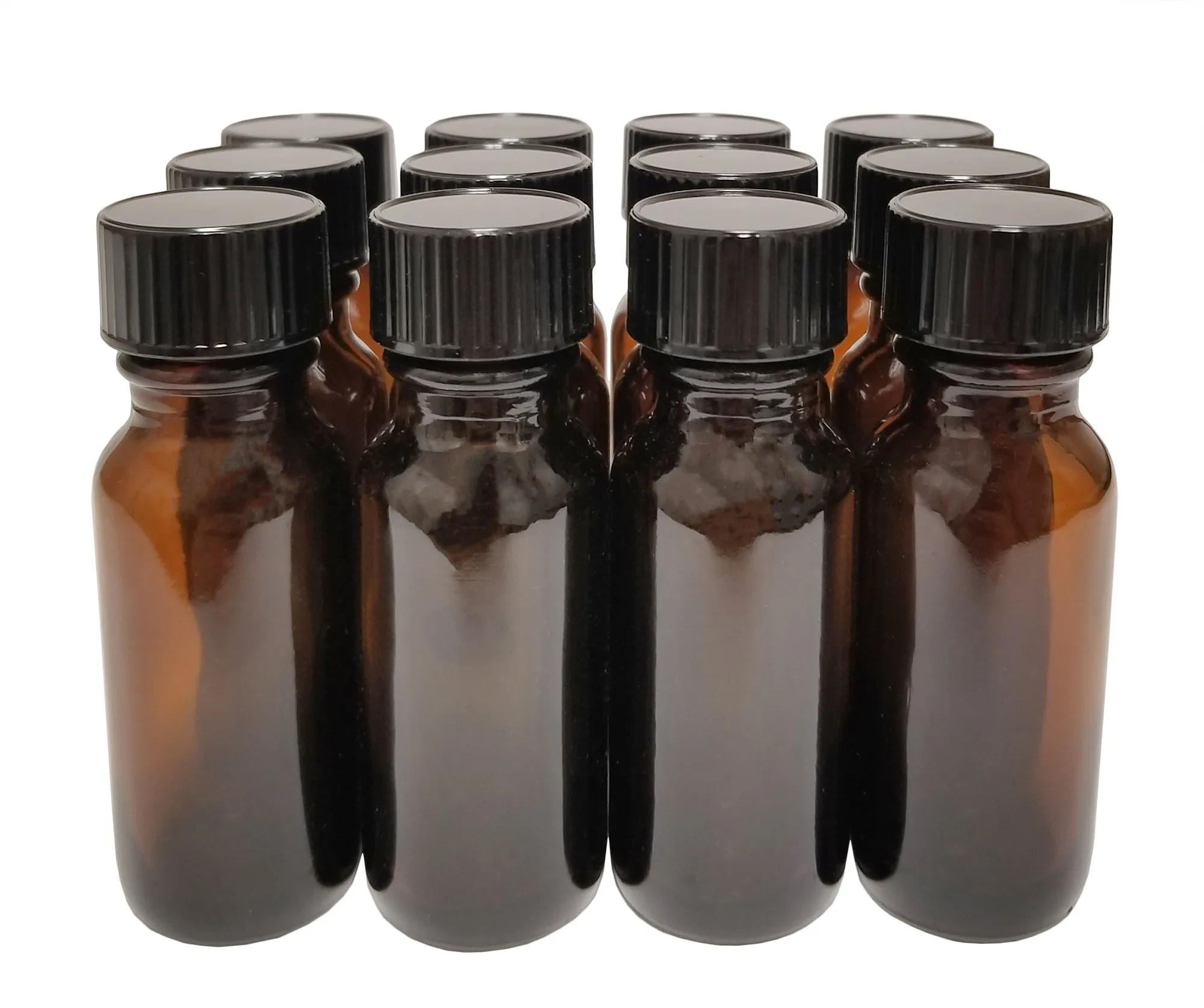 Bottle, Flint Glass, Amber Color, 1/2 ounce, with Cap.  Pack 12.