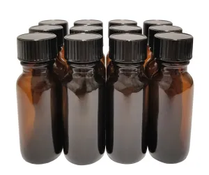 Bottle, Flint Glass, Amber Color, 1/2 ounce, with Cap.  Pack 12.